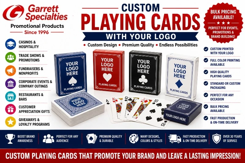 Custom Promotional Playing Cards with Your Logo Custom Promotional Playing Cards with Your Logo featuring personalized poker decks, casino-quality playing cards, custom card boxes, and branded playing cards for trade shows, casinos, restaurants, bars, hotels, fundraisers, corporate gifts, and promotional events.
